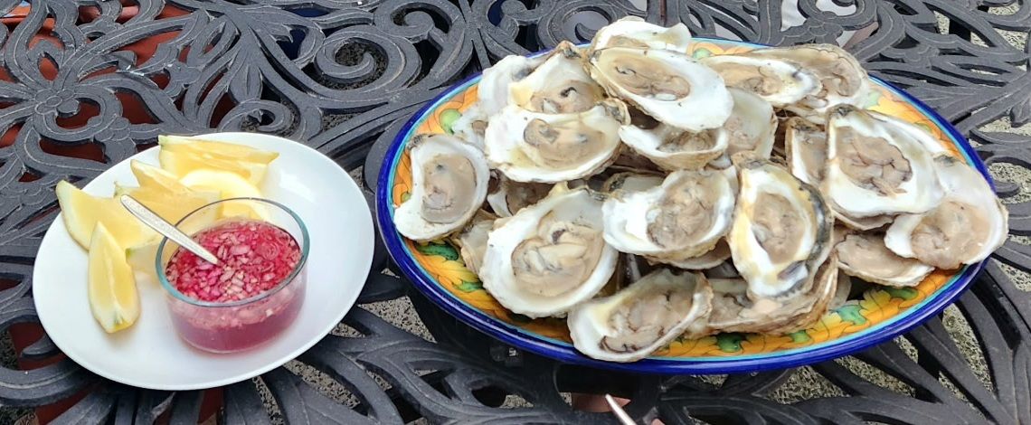 Shucked Bailey Point oysters on a platter